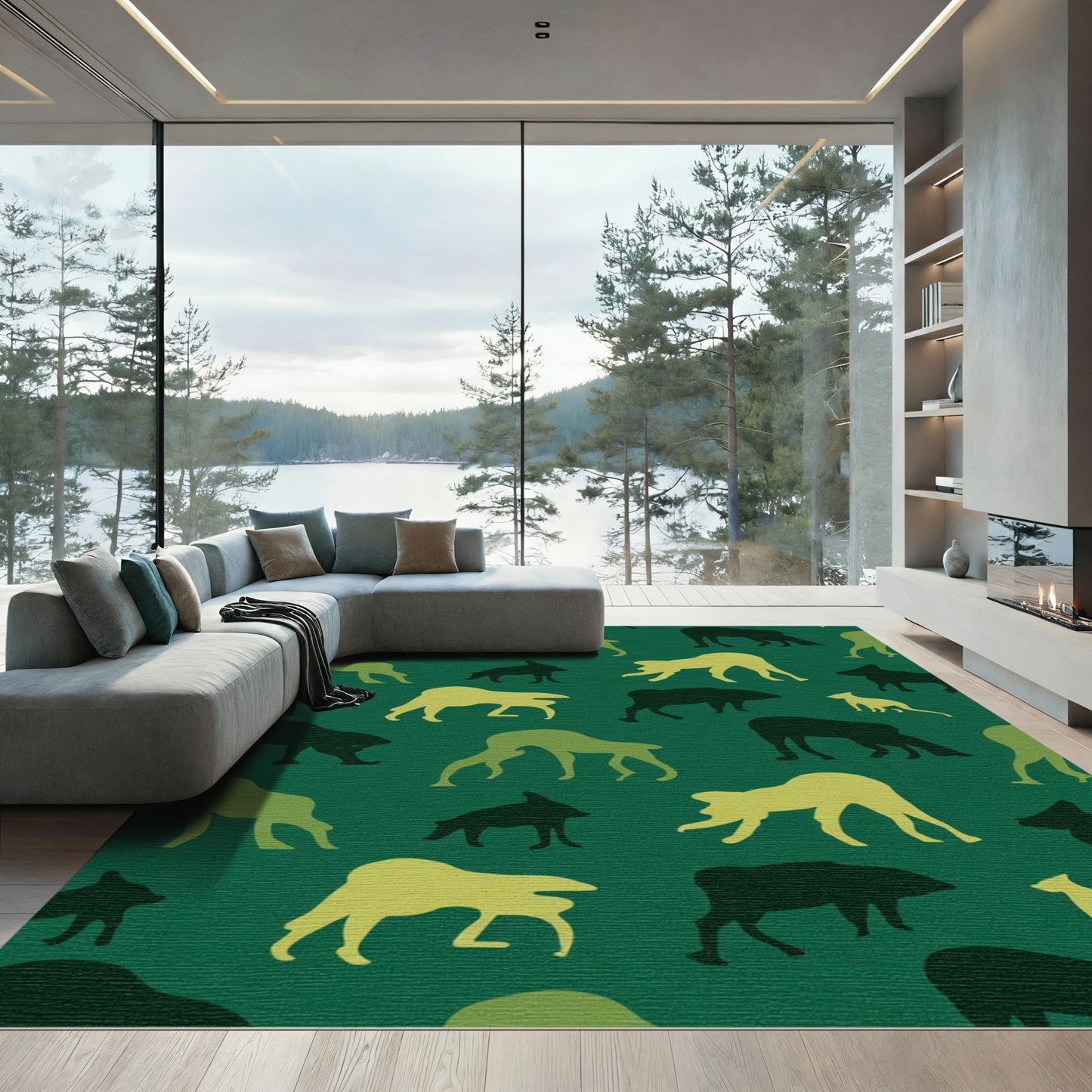 Earthy Green Woodland Animal Silhouettes Rug