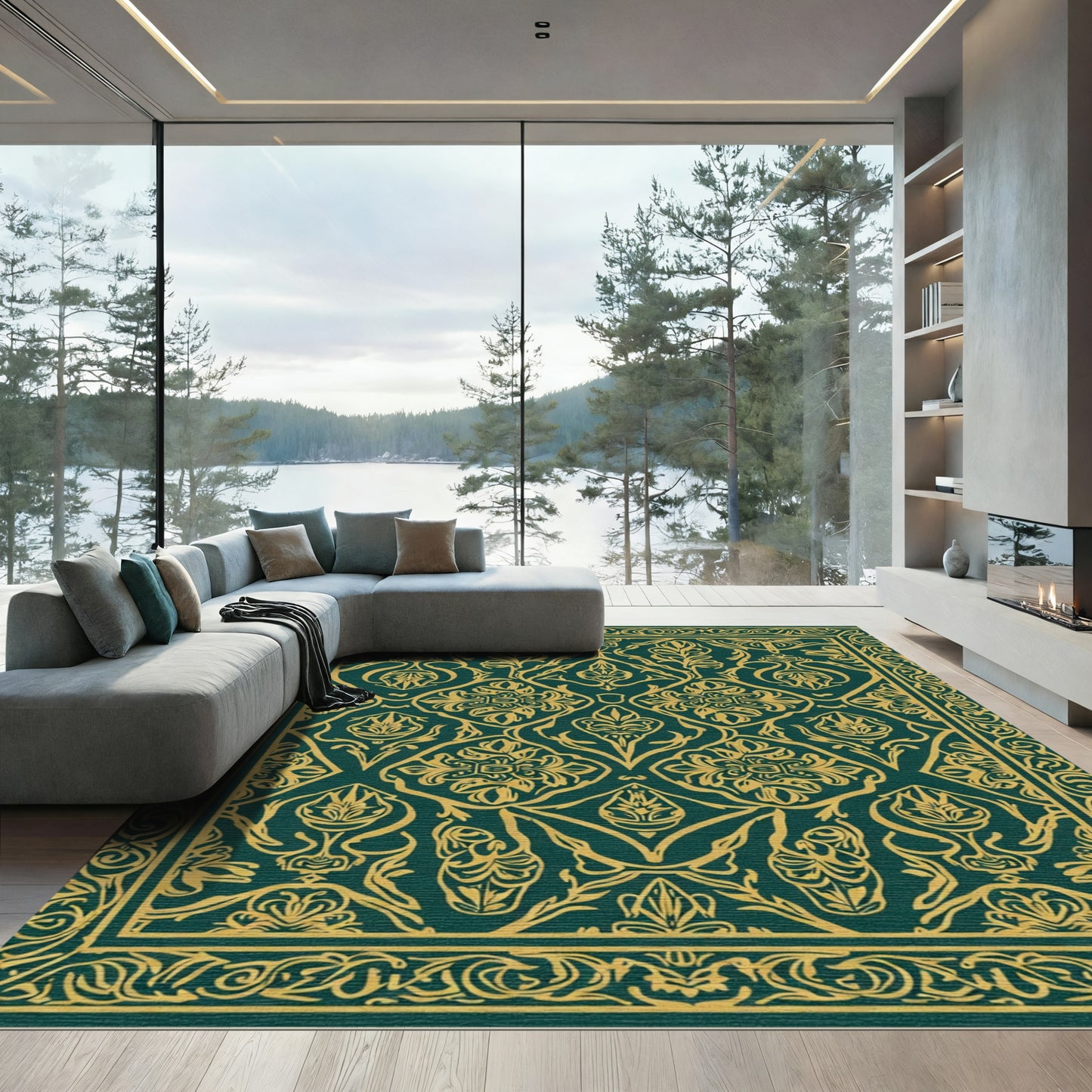 Emerald Gold Ornate Floral Vine Rug