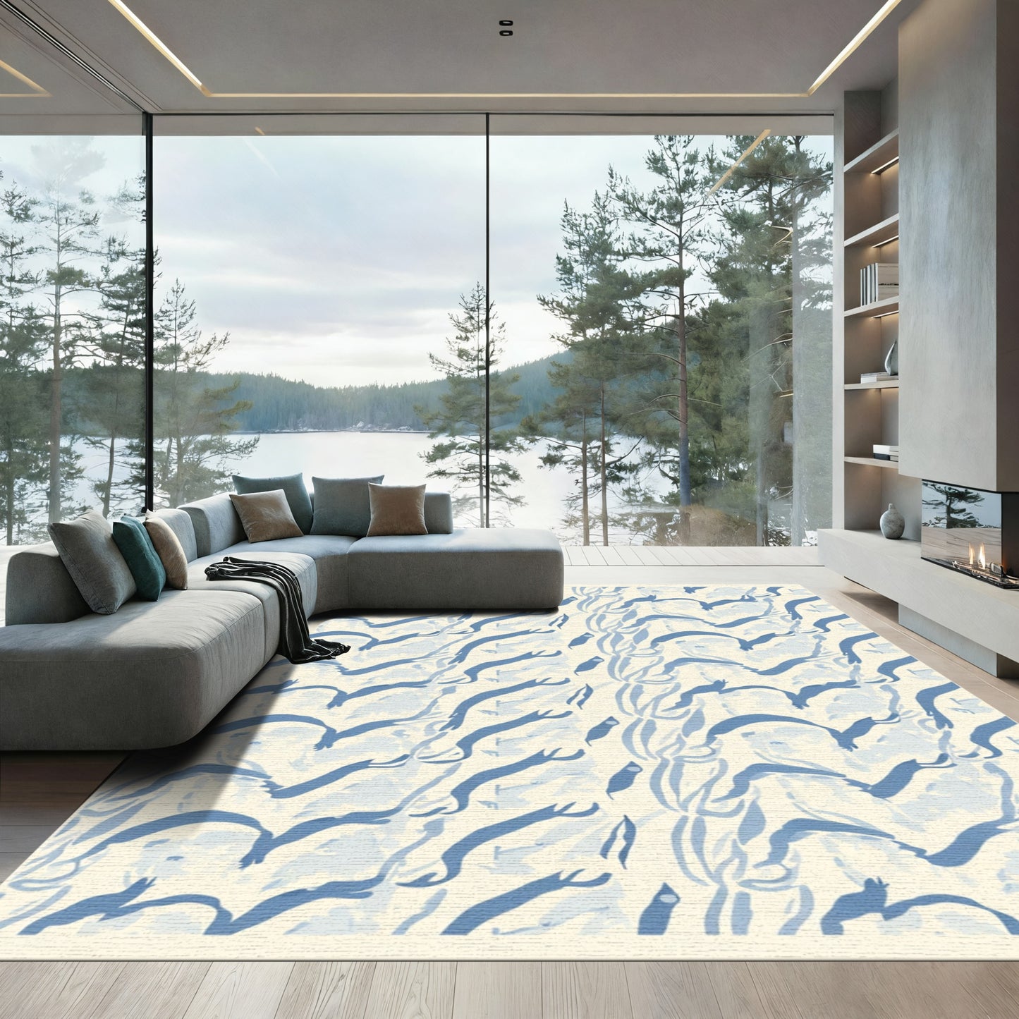 Indigo Swirl Abstract Organic Forms Rug