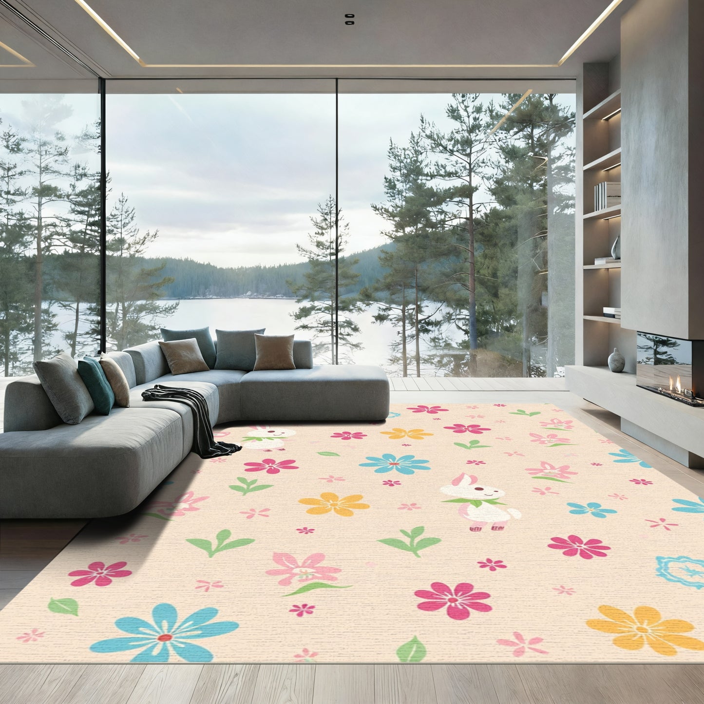 Playful Pink Blue Yellow Floral Bunny Rug