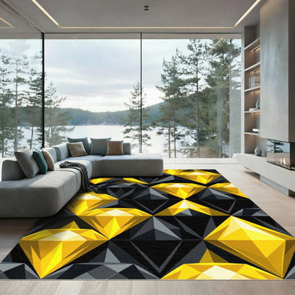 Modern Golden Geometric Diamond Grid Rug