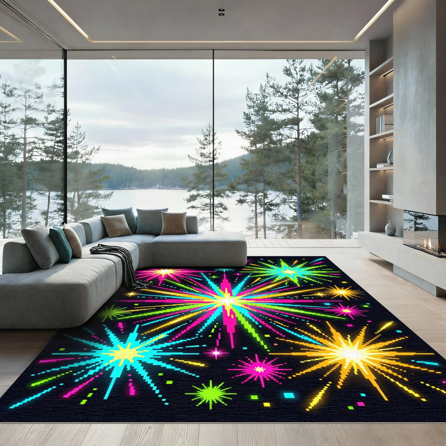 Vibrant Pixelated Neon Fireworks Explosion Rug