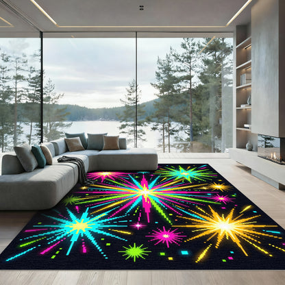 Vibrant Pixelated Neon Fireworks Explosion Rug