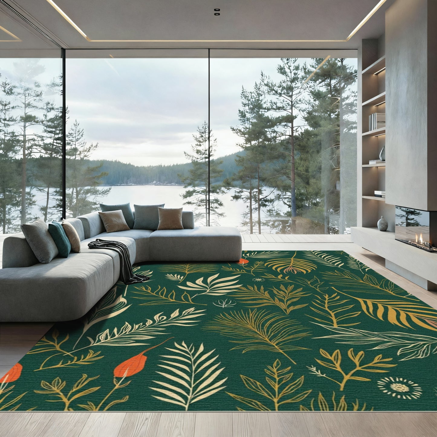 Golden Tropical Foliage on Teal Rug