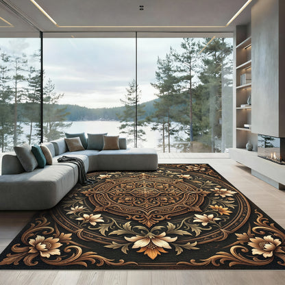 Ornate Golden Floral Circular Medallion Rug