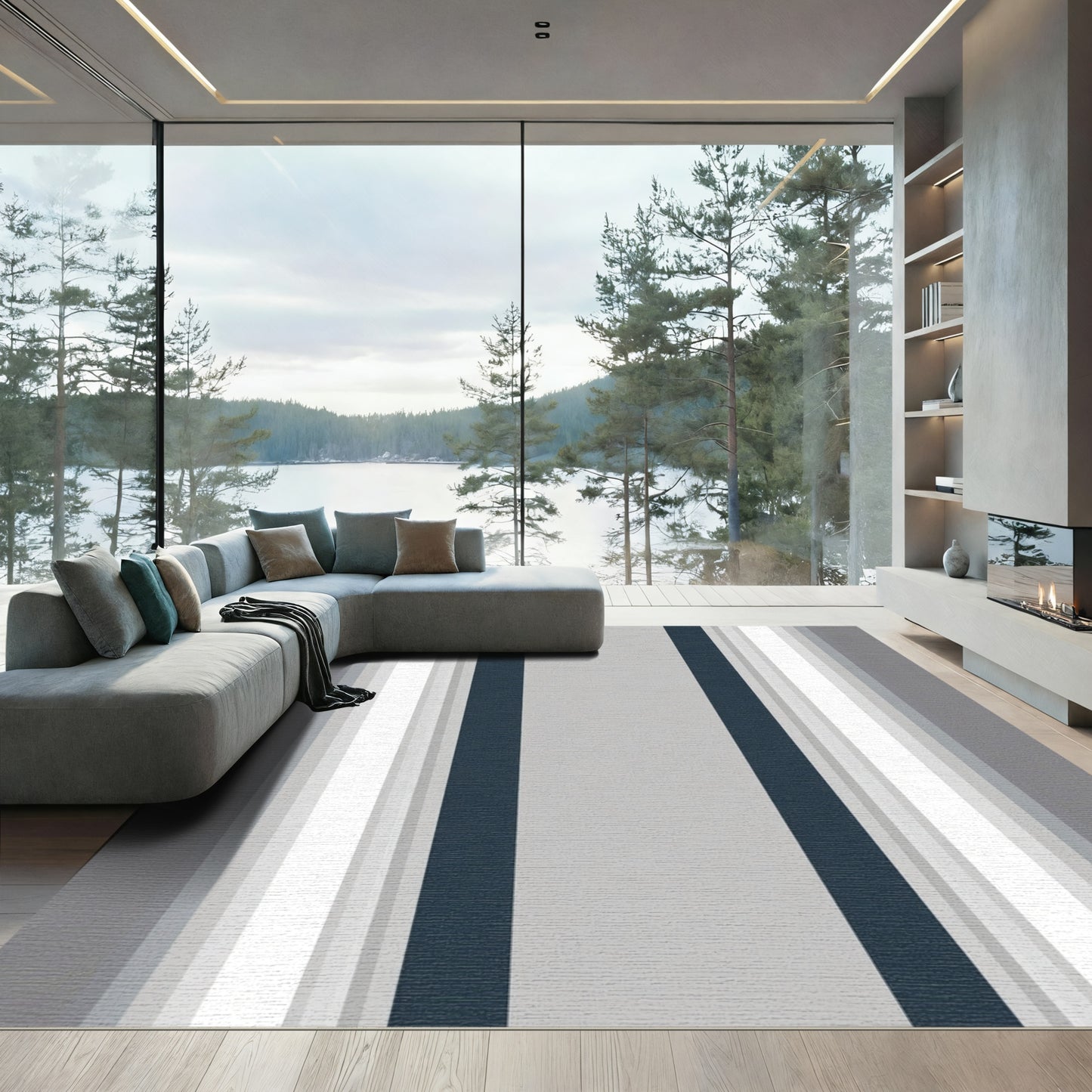 Modern Navy Gray Stripe Rug