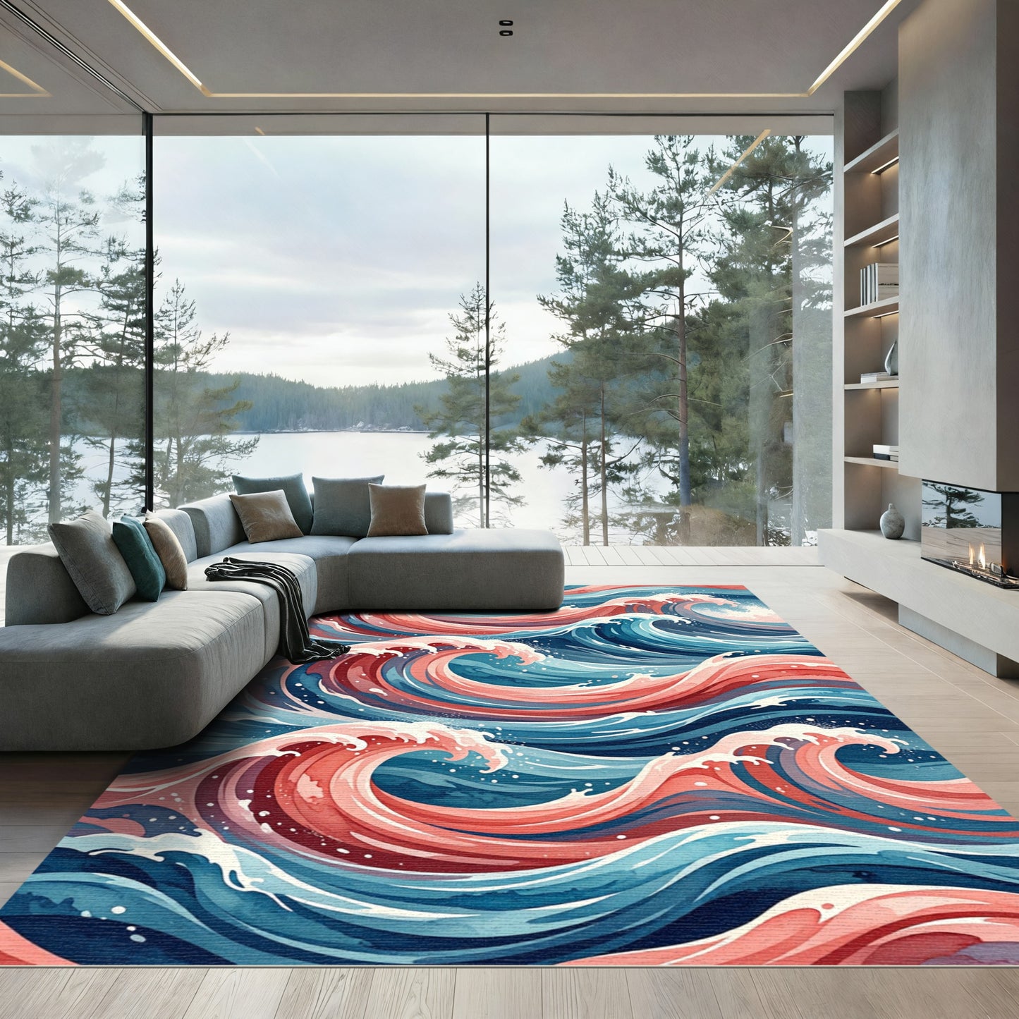 Abstract Coral and Teal Fluid Wave Rug
