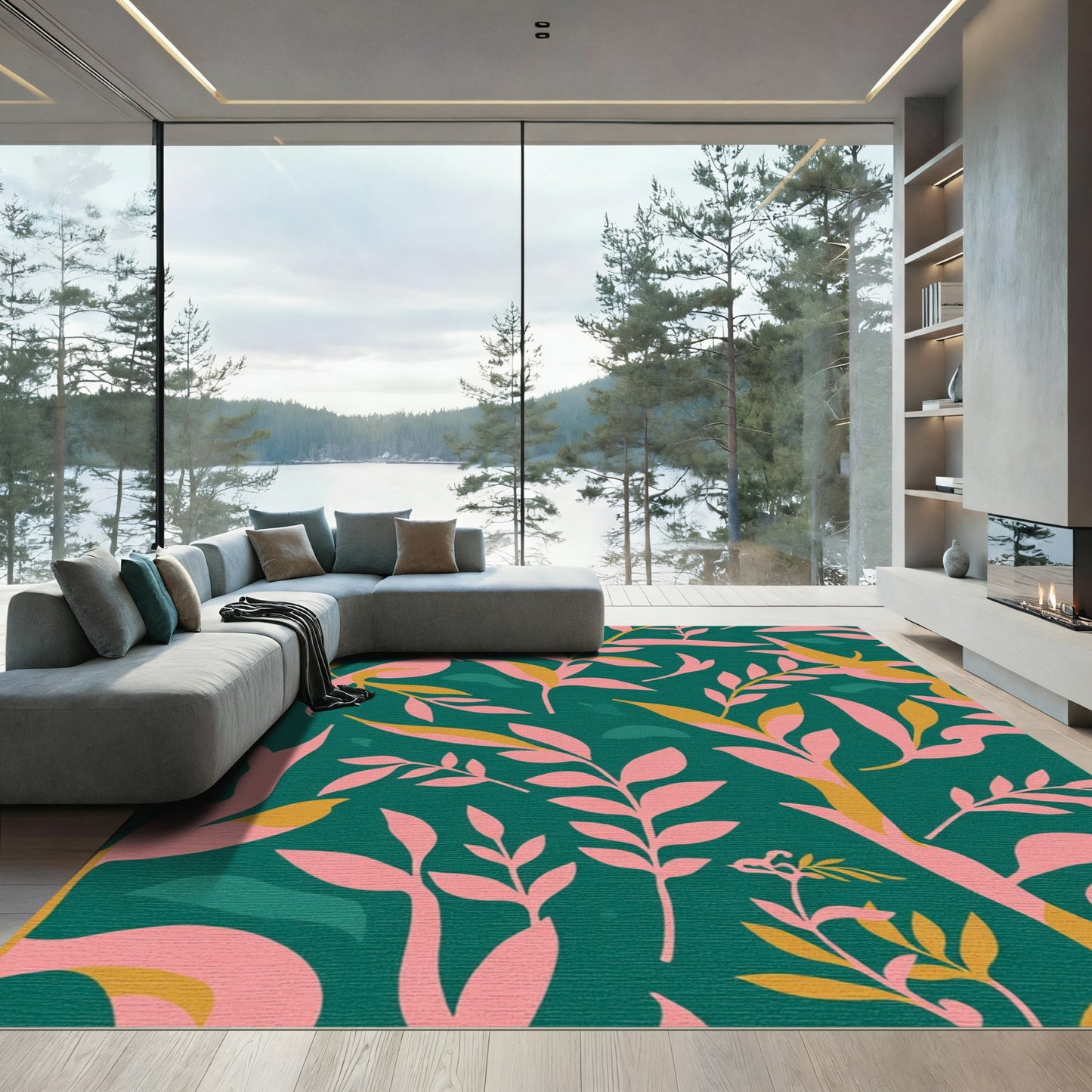 Abstract Teal Pink Gold Foliage Rug