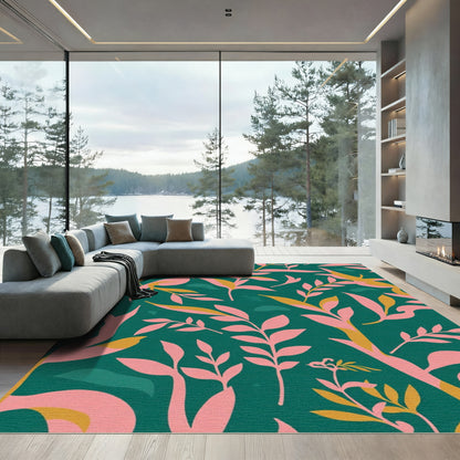 Abstract Teal Pink Gold Foliage Rug