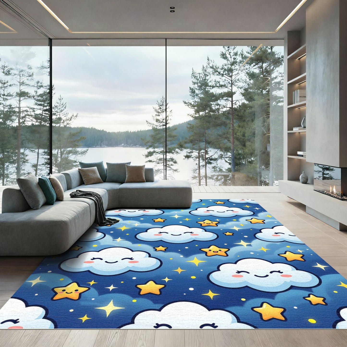 Whimsical Smiling Clouds and Golden Stars Rug