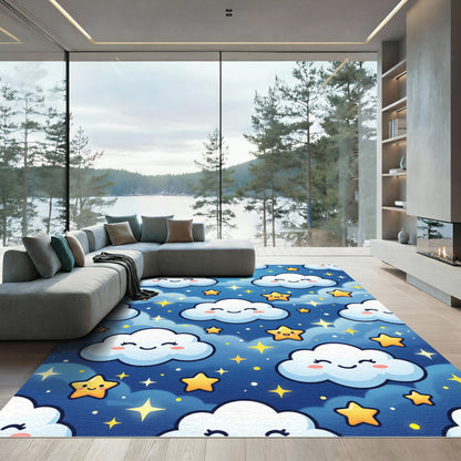 Whimsical Smiling Clouds and Golden Stars Rug