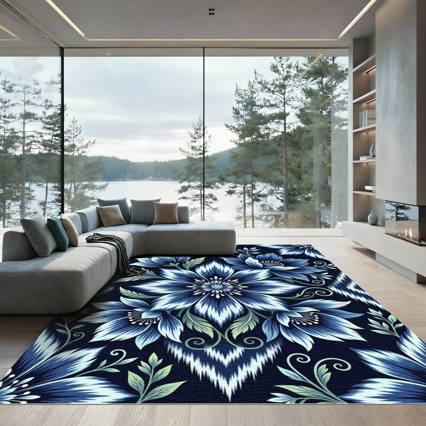 Deep Blue Floral Ikat Pattern Rug
