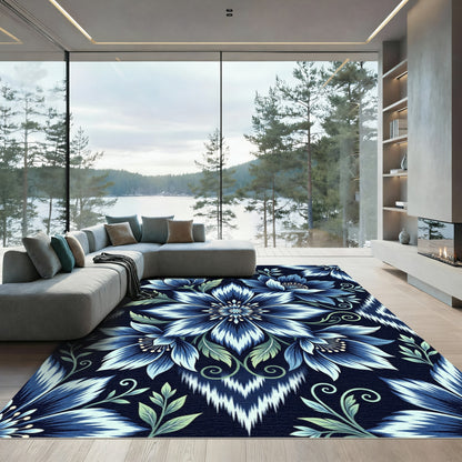 Deep Blue Floral Ikat Pattern Rug