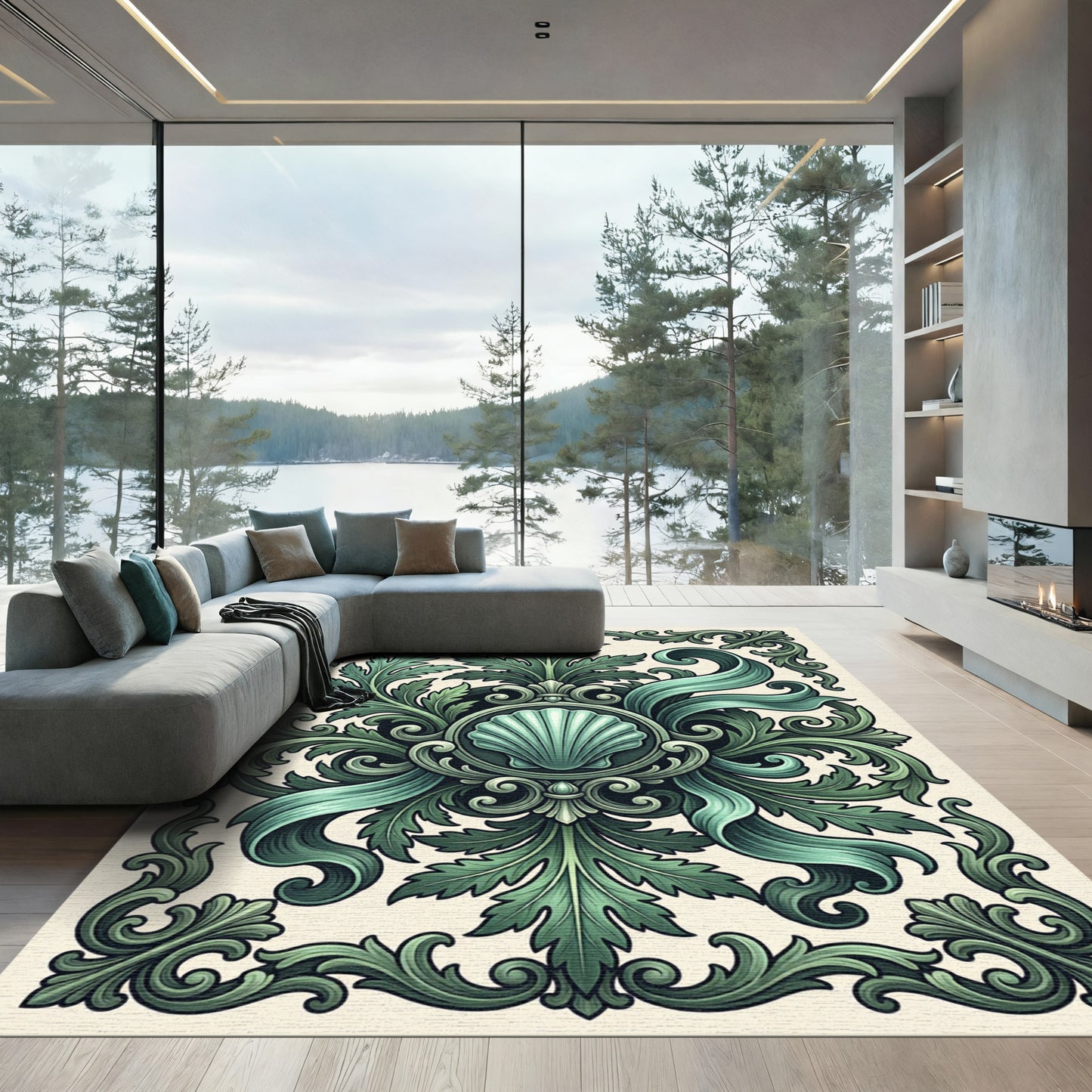 Deep Teal Leaf Scroll Medallion Rug