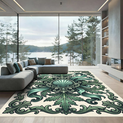 Deep Teal Leaf Scroll Medallion Rug