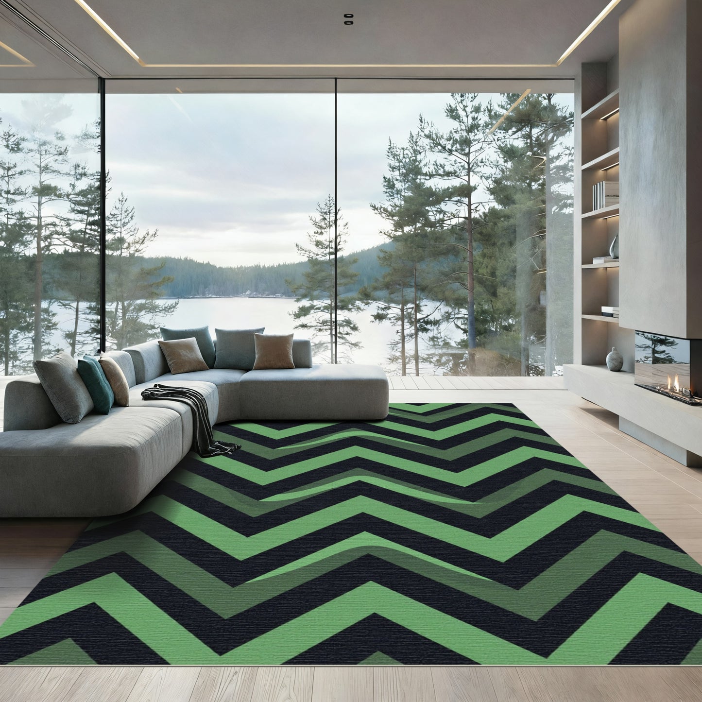 Modern Emerald Green Zigzag Wave Rug