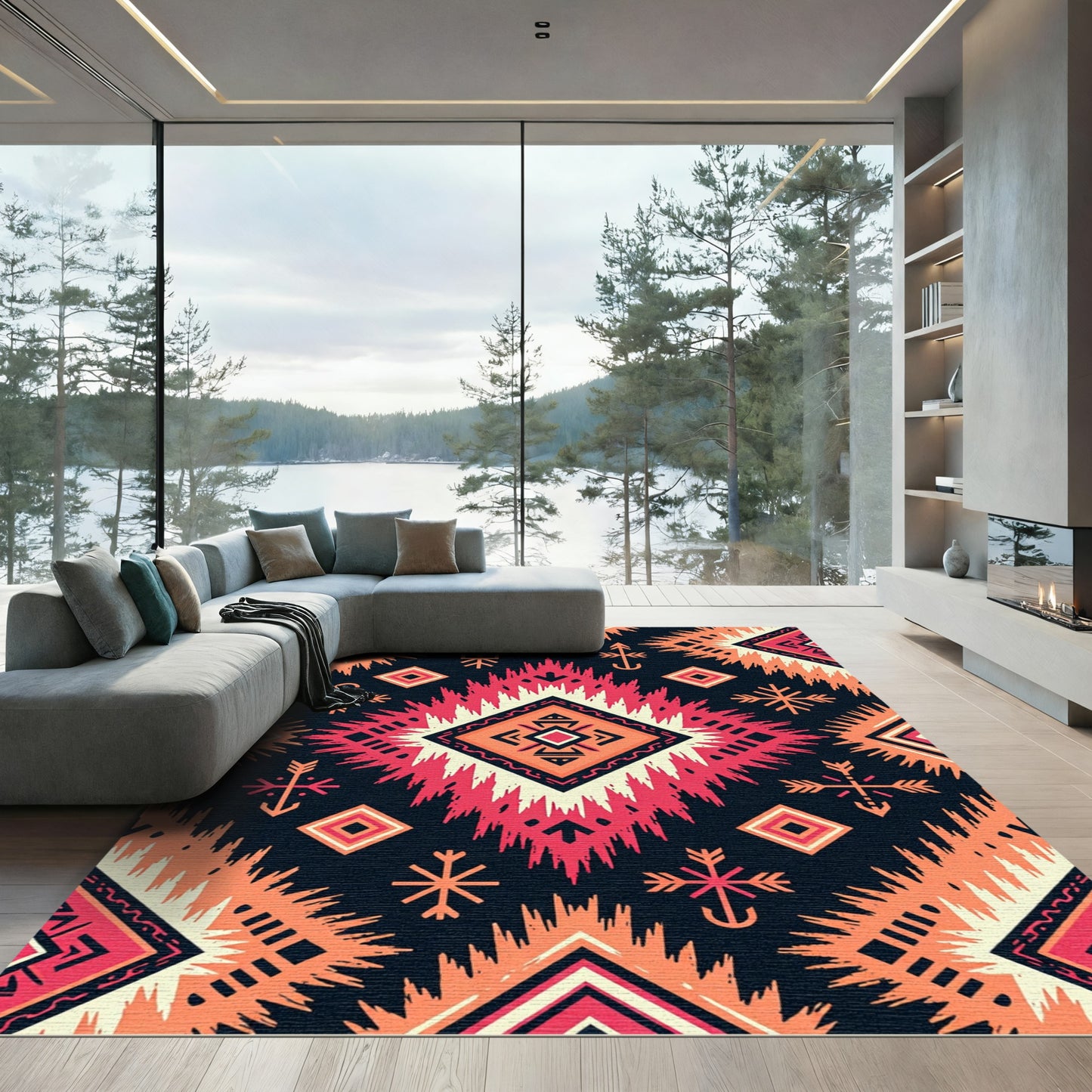 Crimson Orange Geometric Tribal Rug