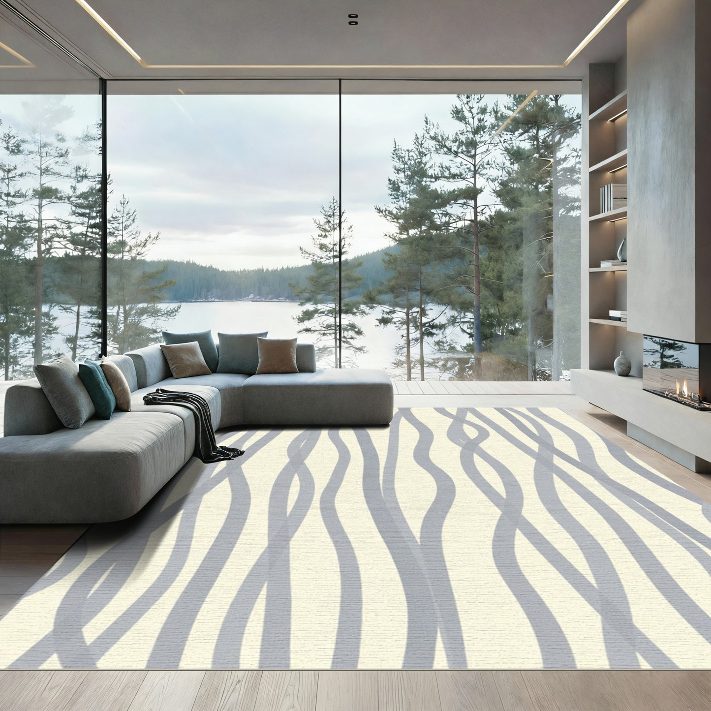 Cream and Gray Wavy Line Arrangement Rug