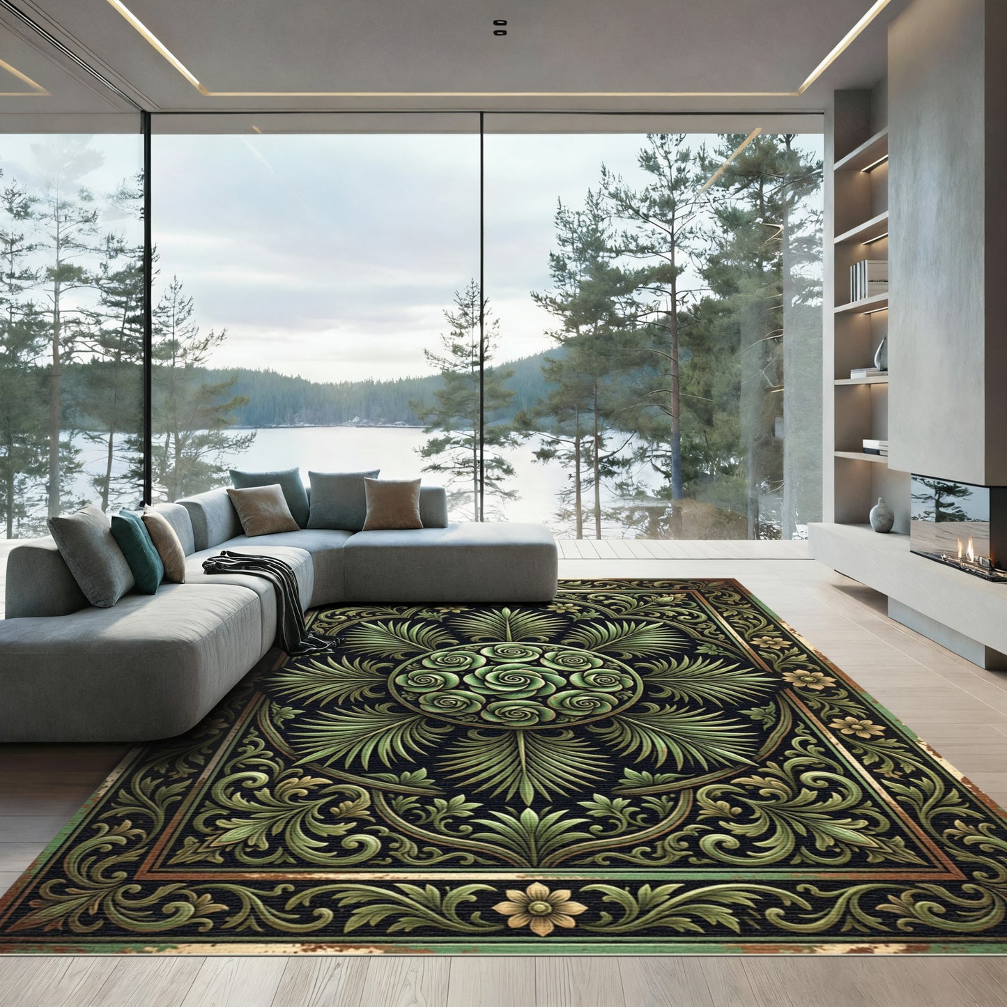 Ornate Emerald Rose Botanical Medallion Rug