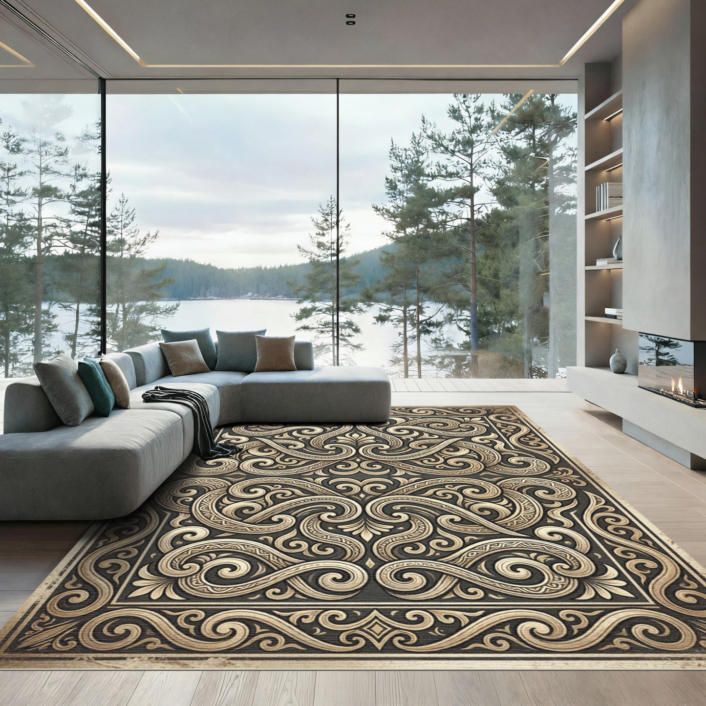 Ornate Gold Scrollwork Filigree Medallion Rug