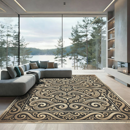 Ornate Gold Scrollwork Filigree Medallion Rug
