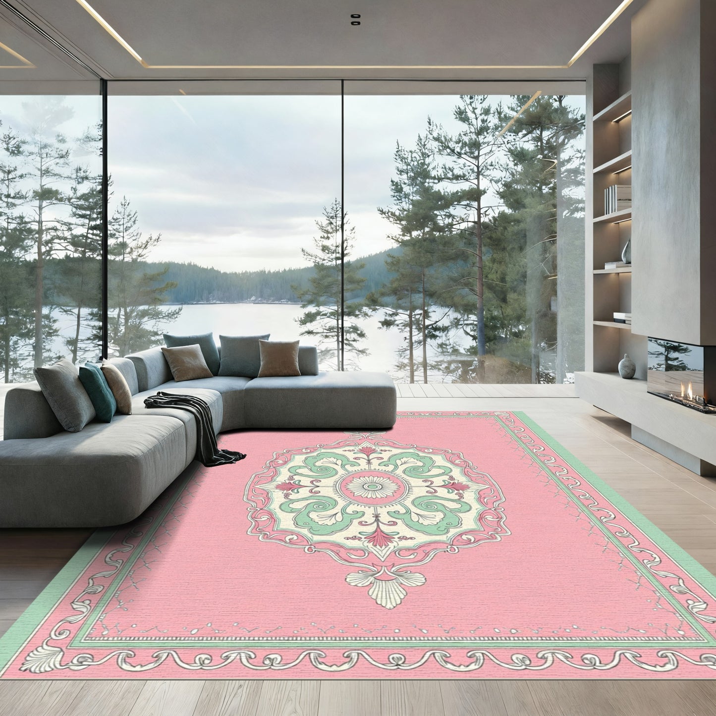 Pink Teal Floral Medallion Traditional Rug