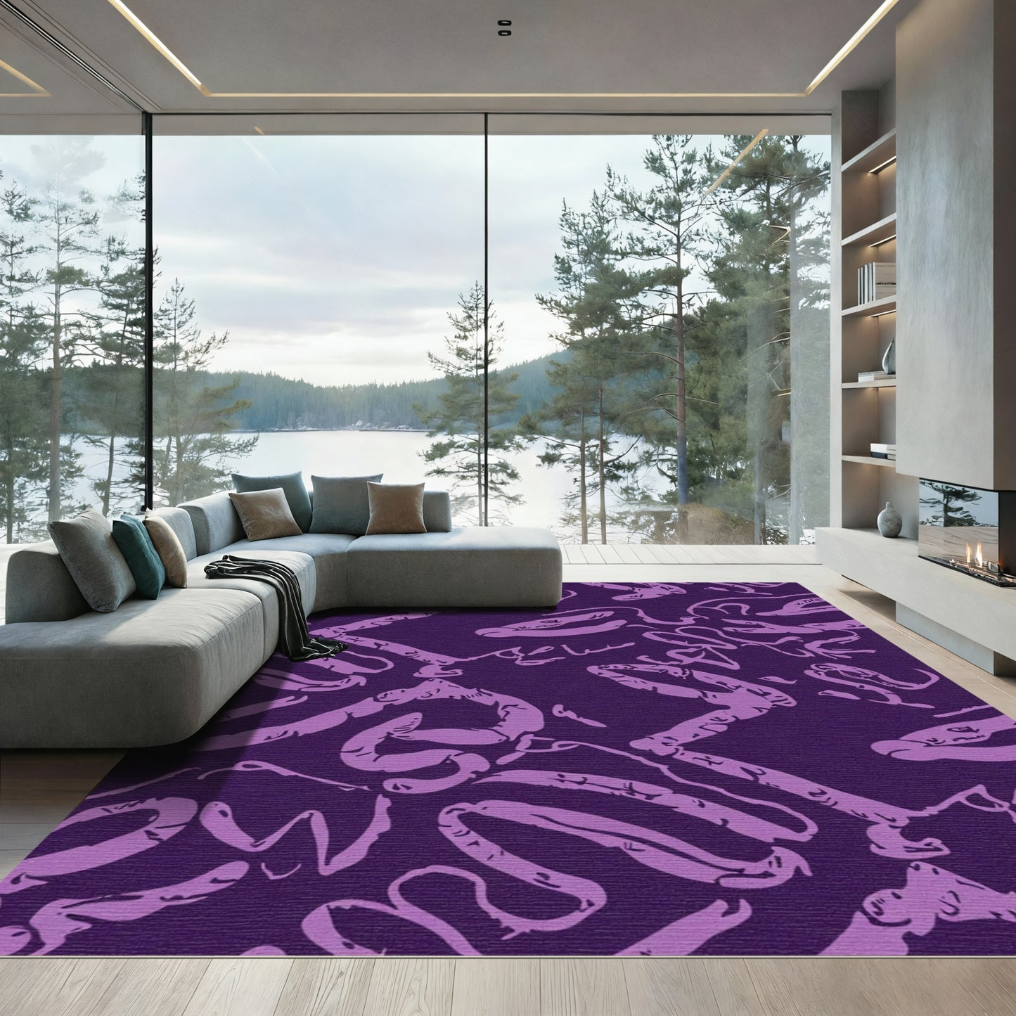 Purple Scrawled Abstract Line Rug