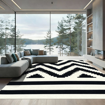 Bold Black White Zigzag Geometric Rug
