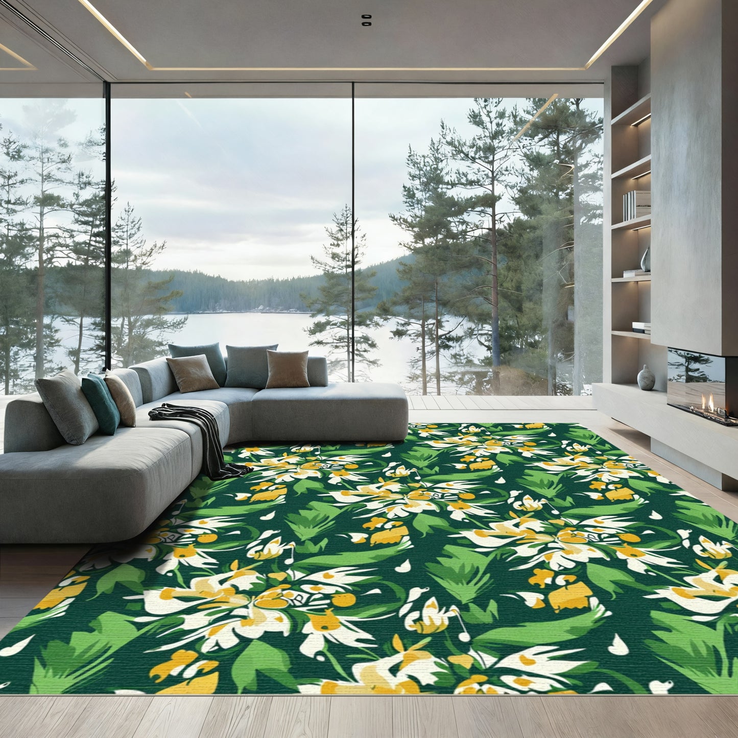 Earthy Green Yellow Floral Burst Rug