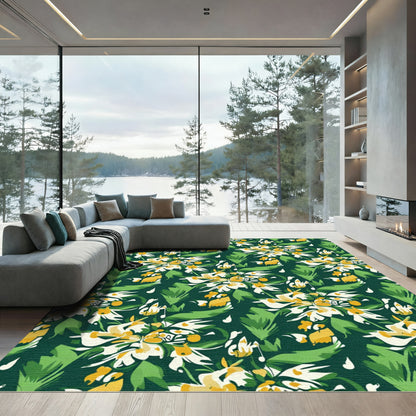 Earthy Green Yellow Floral Burst Rug