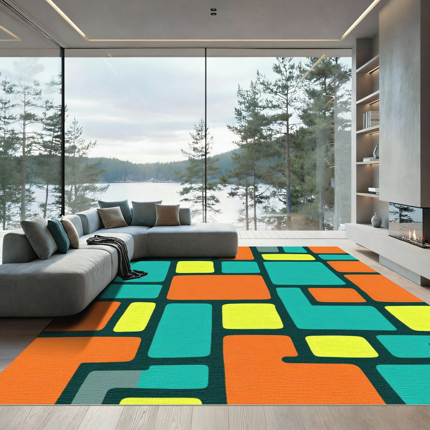 Bold Geometric Blocks Teal Orange Yellow Rug