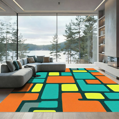 Bold Geometric Blocks Teal Orange Yellow Rug