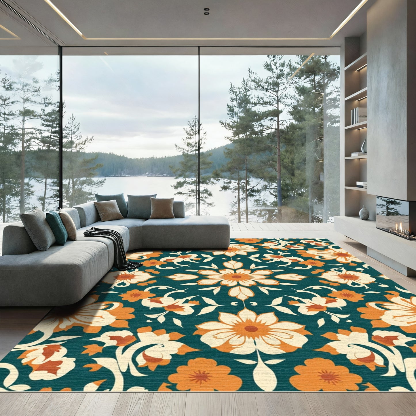 Dark Teal Orange Cream Floral Medallion Rug