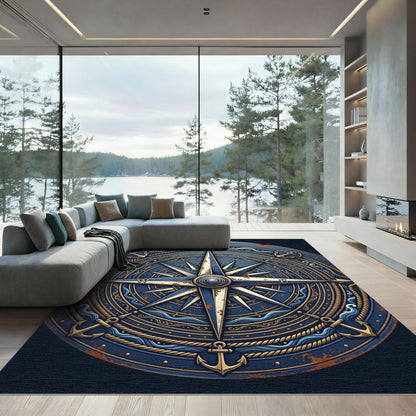 Nautical Compass Navy and Gold Medallion Rug
