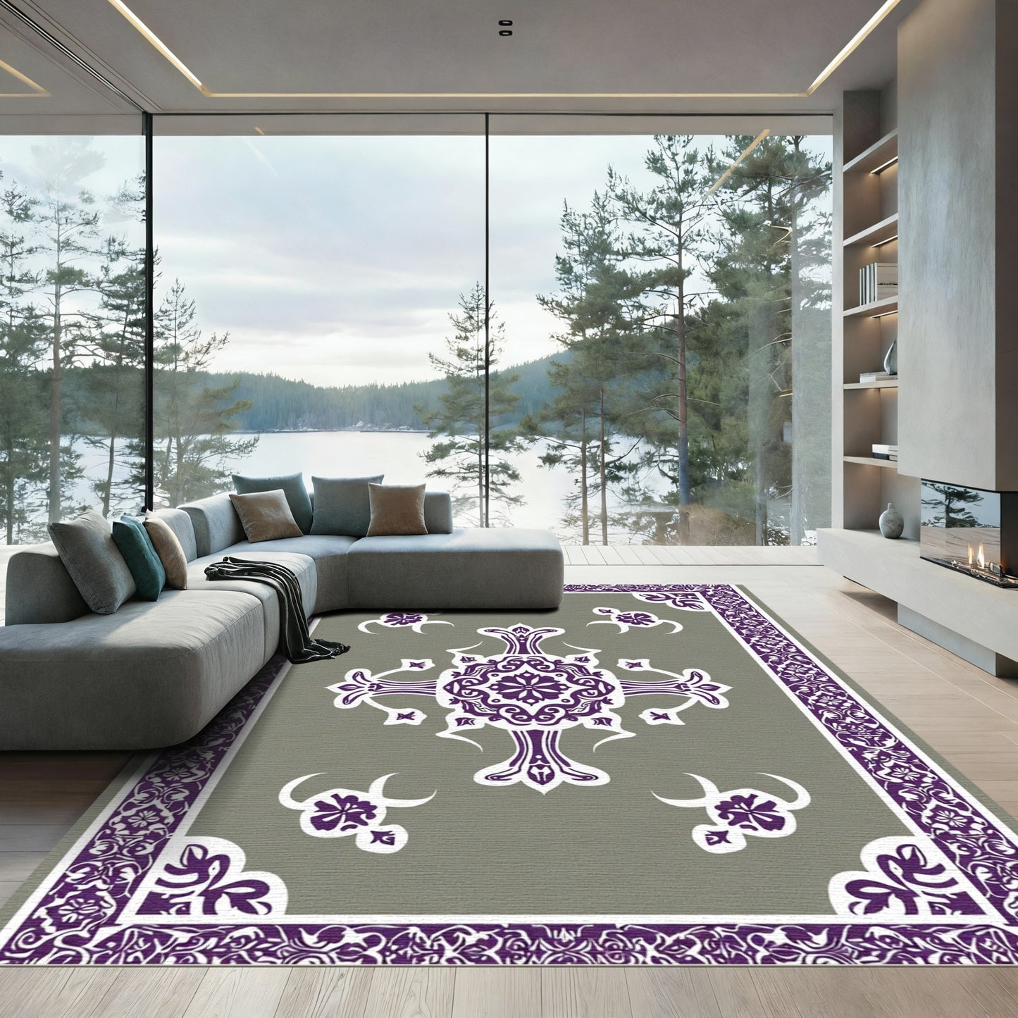 Rich Plum Damask Floral Medallion Rug