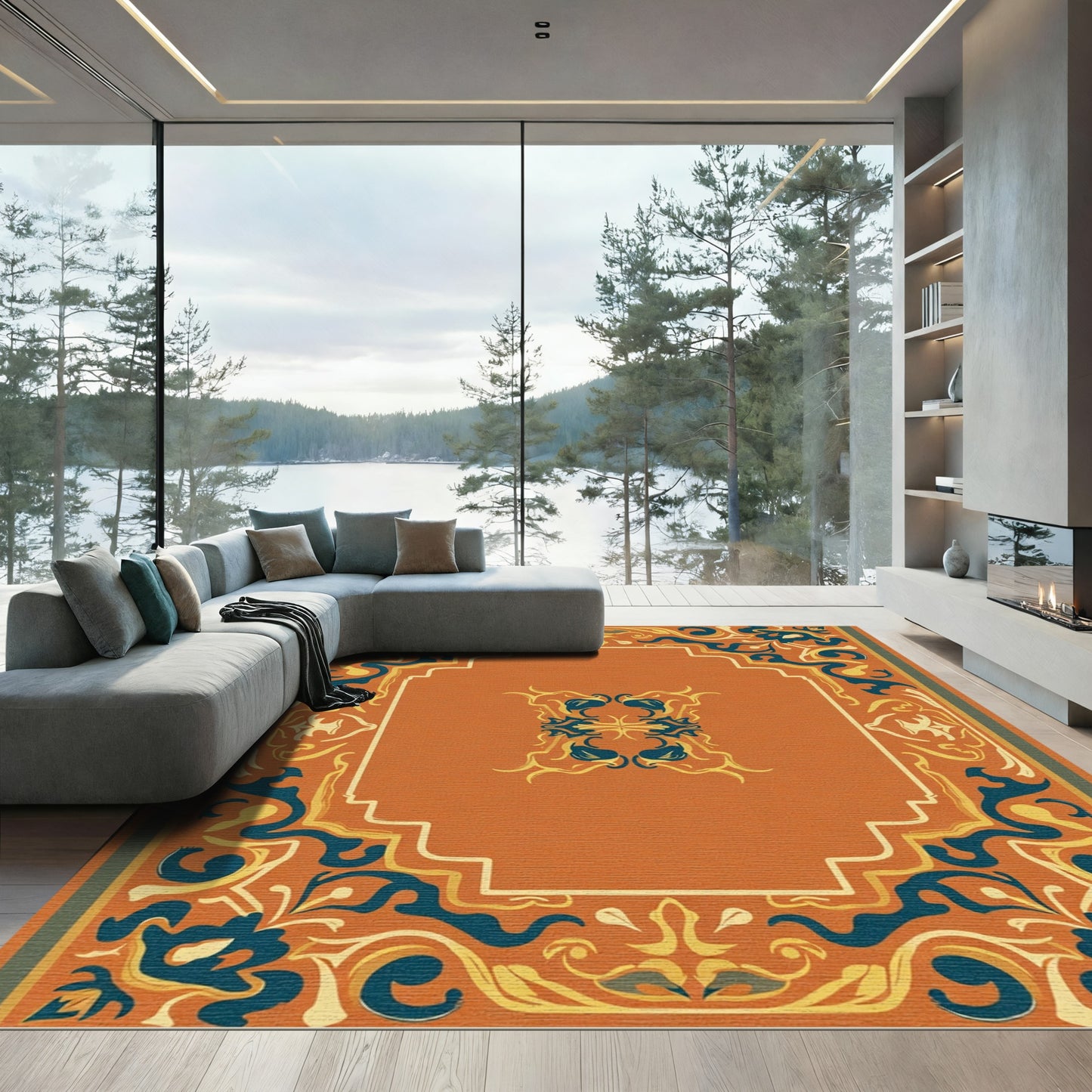 Orange Teal Golden Scroll Border Rug