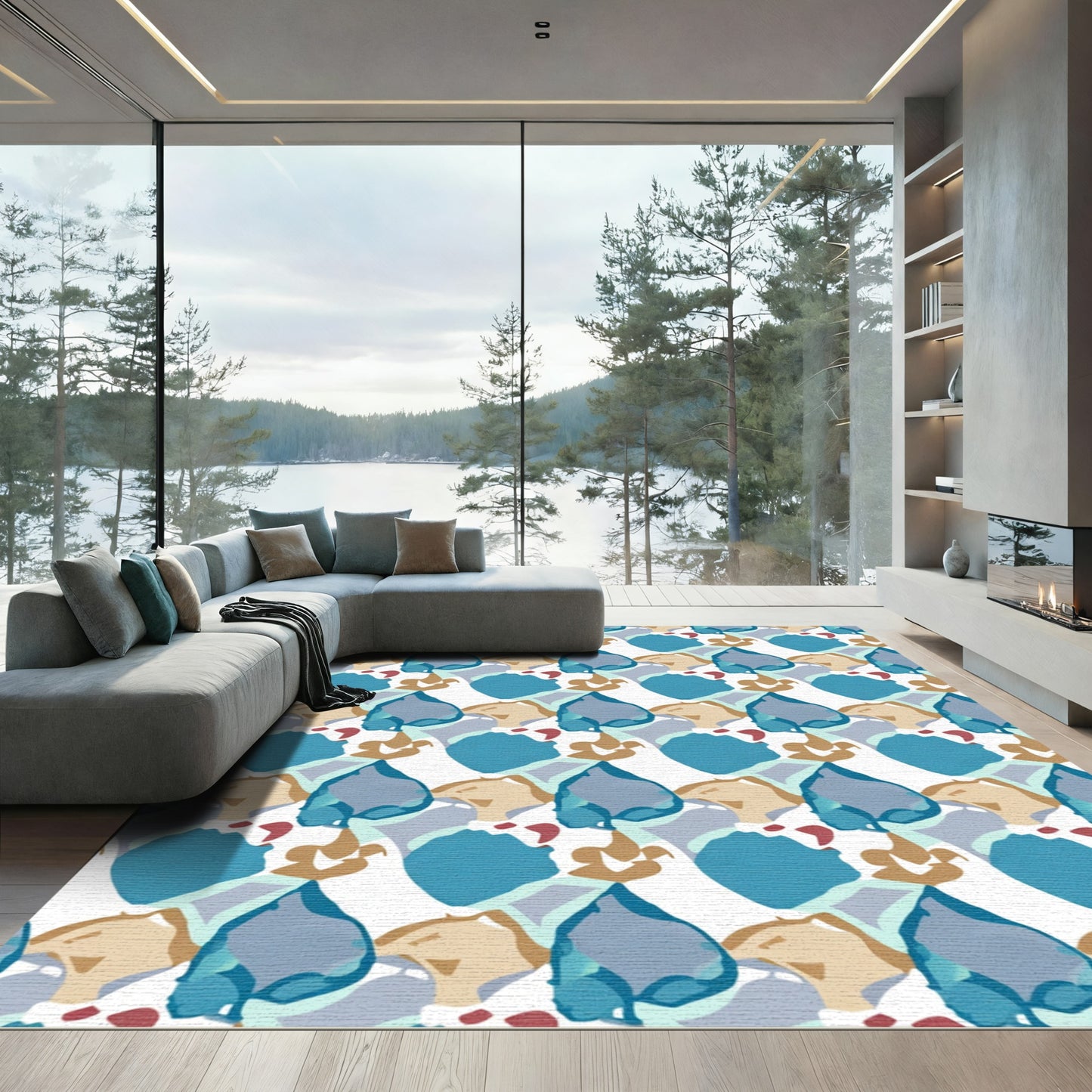 Teal Abstract Flowing Organic Shapes Rug