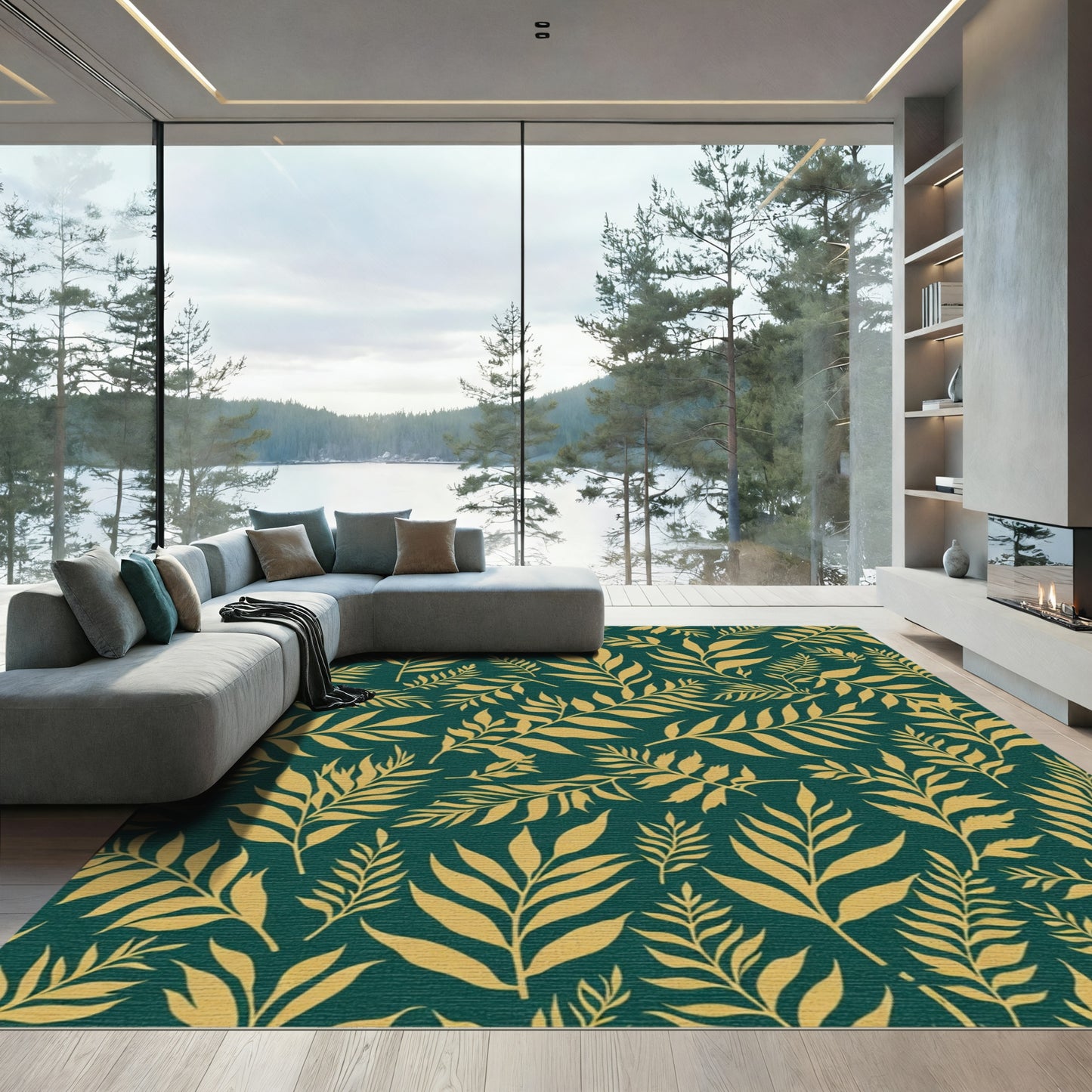 Golden Palm fronds on Teal Background Rug