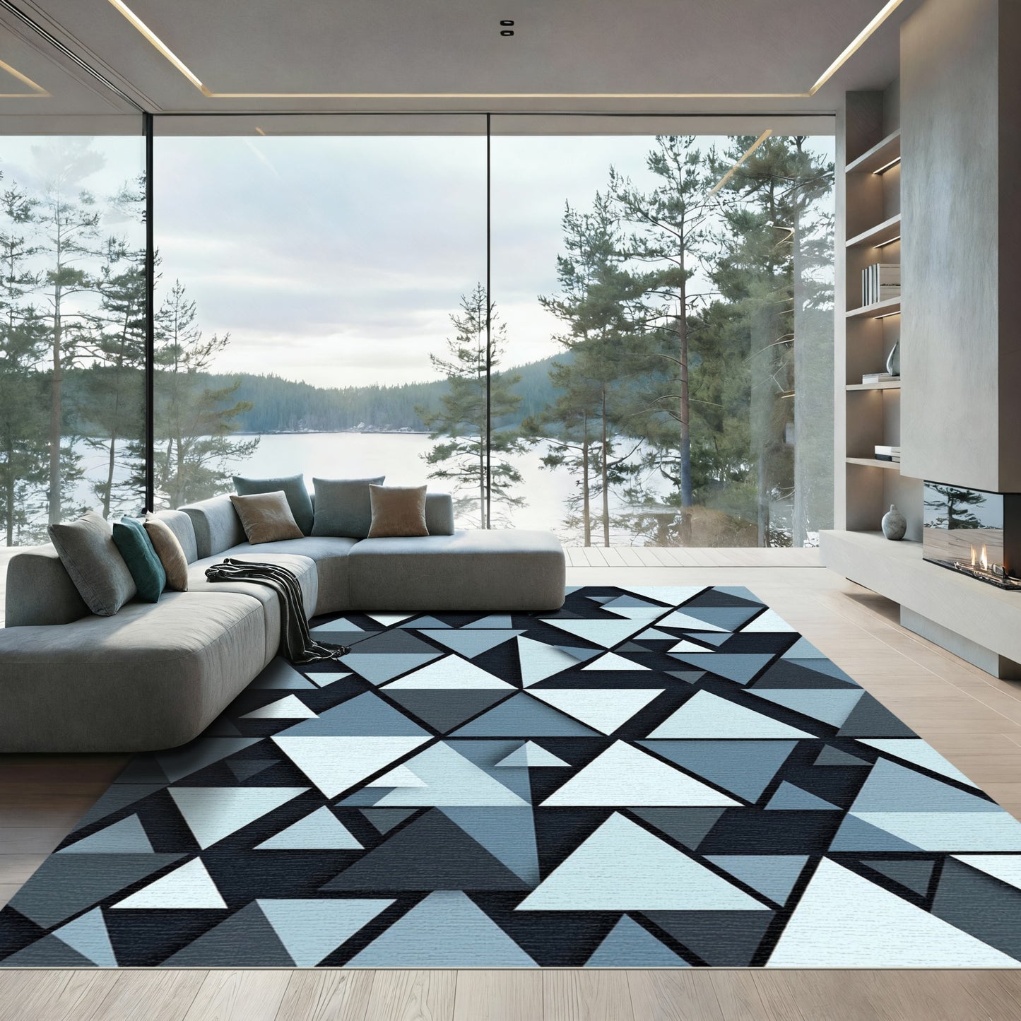 Modern Slate Blue Geometric Triangle Rug