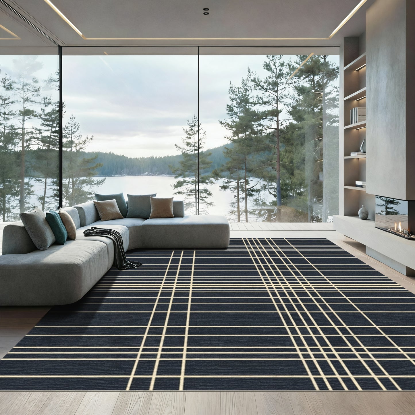 Dark Navy Cream Thin Line Plaid Rug