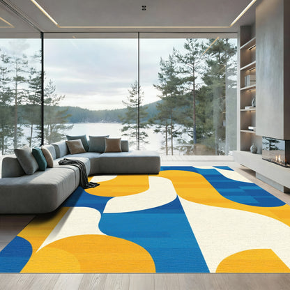 Modern Blue Yellow Abstract Swirl Rug
