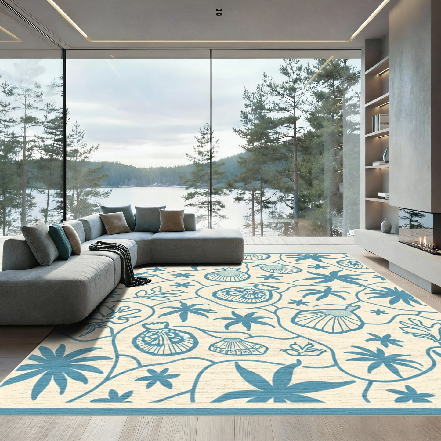 Blue Coastal Seashell Botanical Garden Rug