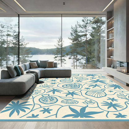 Blue Coastal Seashell Botanical Garden Rug