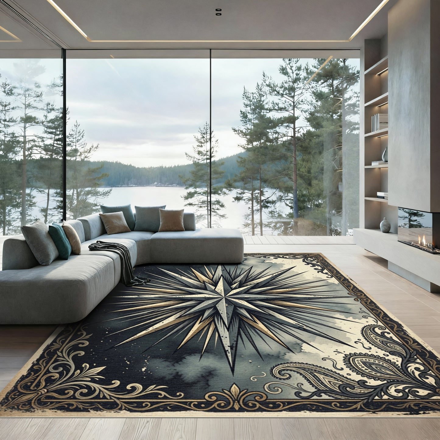 Celestial Midnight Compass Star Ink Art Rug