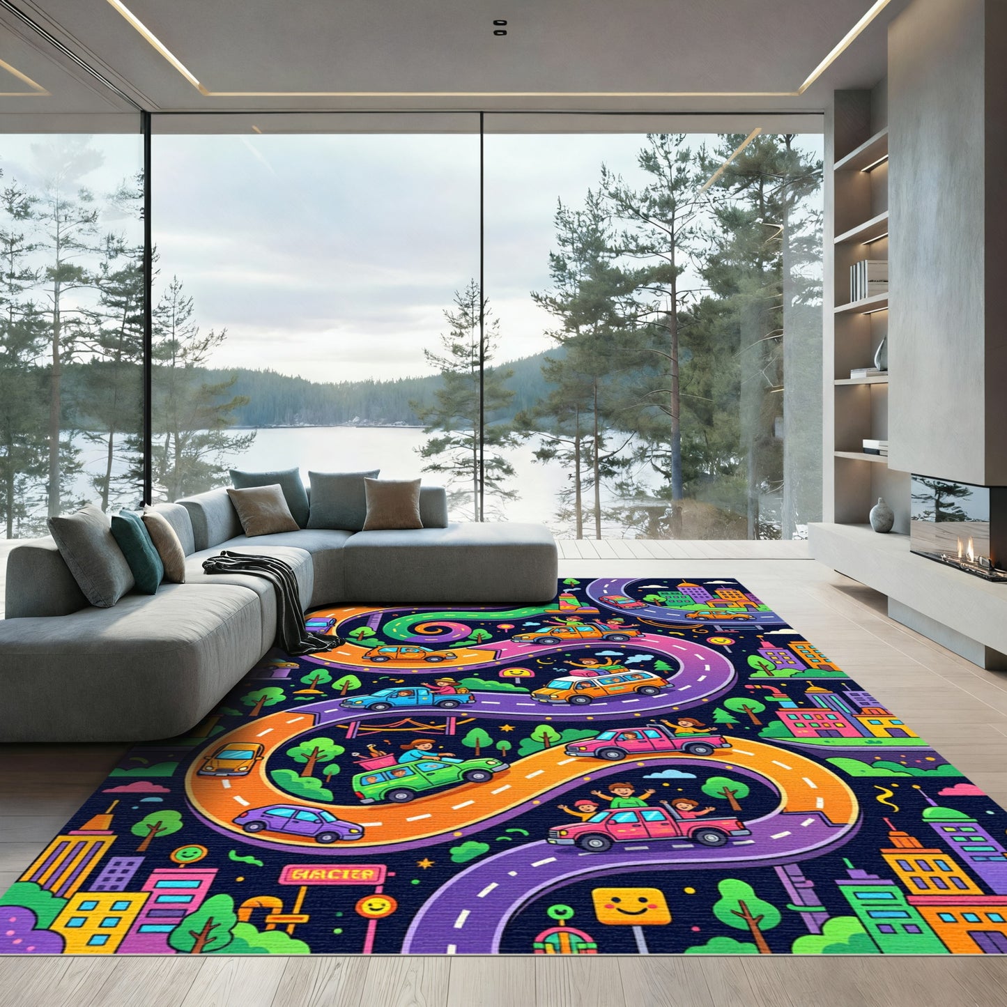Vibrant Colorful Winding City Road Illustration Rug