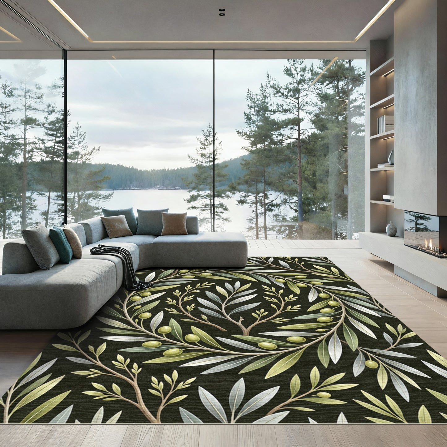 Ornate Olive Branch Wreath Botanical Rug