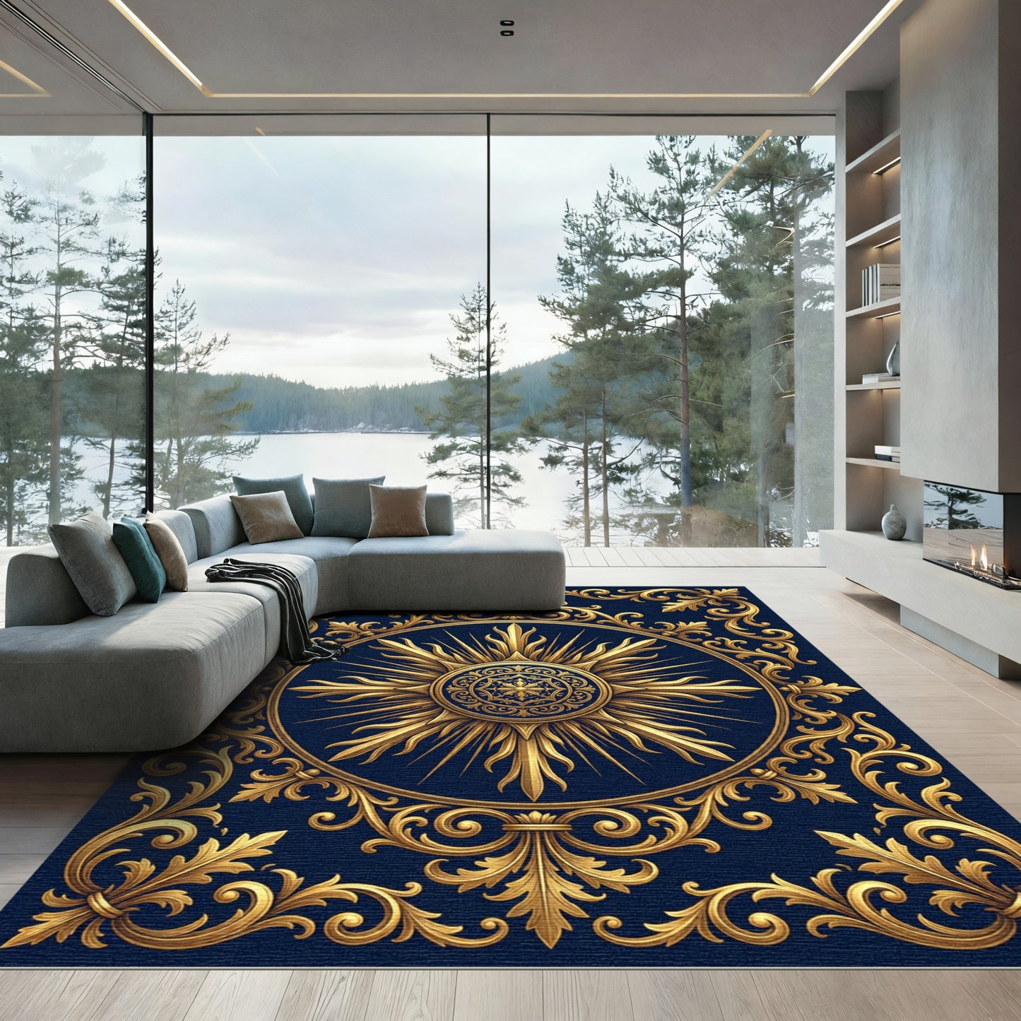 Ornate Golden Sunburst Navy Medallion Rug
