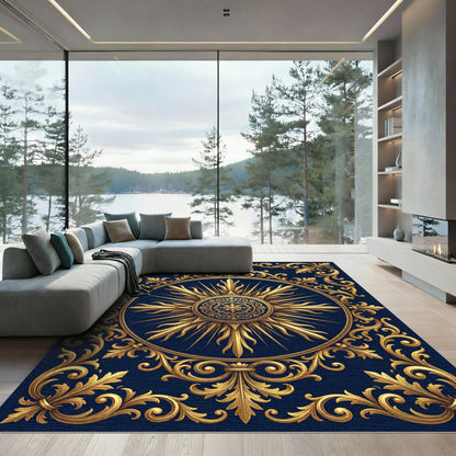 Ornate Golden Sunburst Navy Medallion Rug