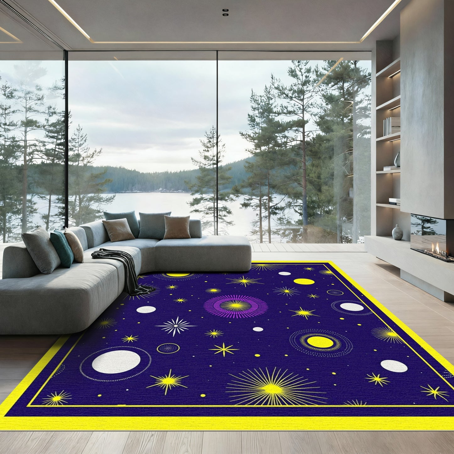 Cosmic Yellow Purple Starburst Circles Rug
