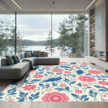 Blue Birds Pink Floral Garden Rug